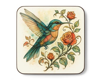 Hummingbird Love Coasters - Set of 4, Hardboard Back Coaster, Bird Lover Gift, Drink Coasters, Floral Coasters, Nature Inspired Home Decor