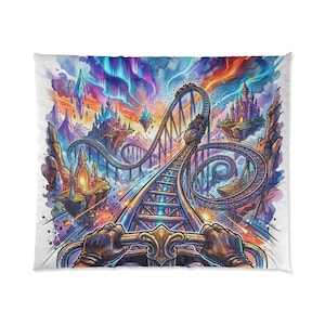 May include: A colorful comforter featuring a watercolor illustration of a roller coaster ride through a fantasy landscape. The artwork depicts a roller coaster track with a train, floating castles, and a vibrant sky with aurora borealis.