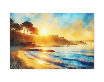 Cuadro decorativo de playa al atardecer: decoración costera con temática oceánica para la sala de estar, ambiente veraniego, galería de arte junto al mar, regalo para amantes de la playa.