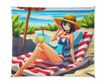 Juego de cama con edredón de playa, linda temática de verano para niña, acogedora decoración para habitación infantil, edredón para dormitorio estilo vacaciones, colcha con diseño de océano tropical.