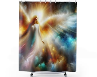 Shower Curtains - Angel in the Heavens, Spiritual Bathroom Decor, Guardian Angel Shower Curtain, Heavenly Home Accessories, Celestial Decor