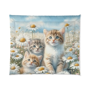 Comforter, Kittens playing in flowers design, Bedding, Bedroom Decor, Home Decor, Gift for Cat Lover, Cat Themed Gift, Floral Comforter