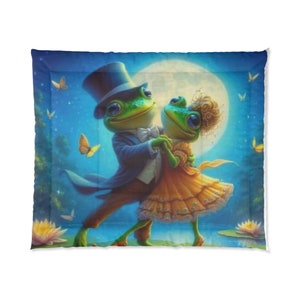 May include: A whimsical illustration of two frogs dancing under a full moon. The frog in a top hat is holding the other frog's hand, and they are both smiling. The background is a blue sky with stars and butterflies.