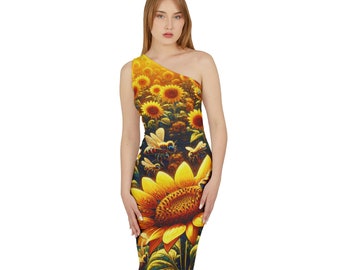 Vestido de hombros color girasol (AOP), vestido de girasol, vestido de abeja, vestido para amantes de las flores