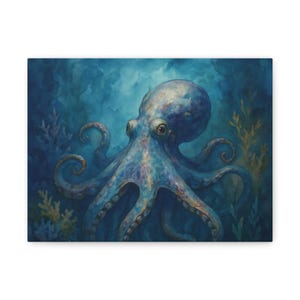 Canvas Print, Octopus in the Ocean Depth Wall Art Decor, Matte Stretched 1 25&quot;, Ocean Animal Sea Life Home Decor, Underwater Artwork