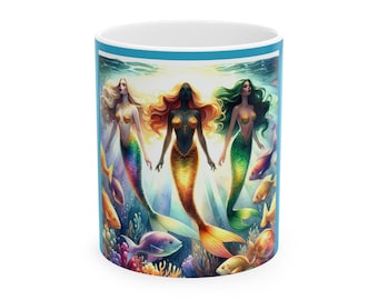 Mermaid Trio Ceramic Mug, Nautical Sea Creature Tea Cup with 3 Mermaids, Underwater Ocean Theme Coffee Mug, Beach Lover Gift, Coastal