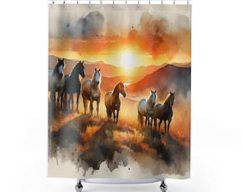 Horses on the Range Shower Curtain - Western Farmhouse Bathroom Decor, Horse Lover Gift, Ranch Style Home, Rustic Cabin Washroom Accent,