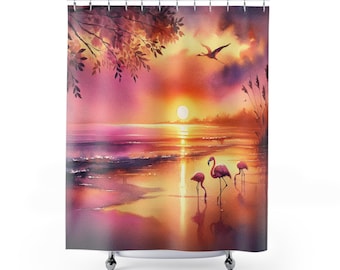 Tende da doccia con fenicotteri, decorazioni per il bagno, accessori tropicali per il bagno, tenda da doccia con uccelli rosa, decorazioni per casa al mare, bagno con fenicotteri