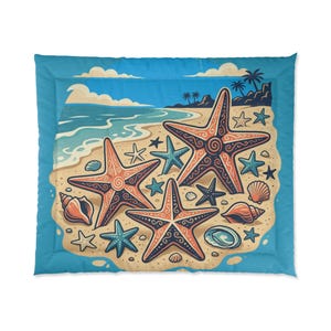 Starfish Beach Illustration Comforter | Coastal Seashell Ocean Decor