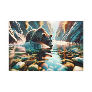 Canvas Print, Grizzly Bear Drinking in River Scene, Nature Lover Gift, Home Office Decor, Cabin House Wall Art