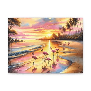 Flamingo Canvas Wall Art-Tropical Sunset Beach Print, Matte Flamingo Picture, Coastal Wall Decor, 1.25&quot; Stretched Canvas, Beach House Poster