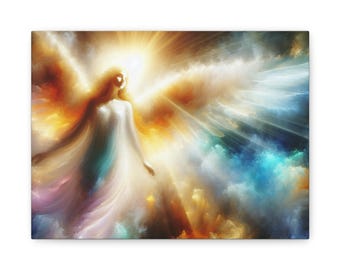 May include: A painting of an angel with wings made of clouds and a glowing halo. The angel is wearing a white dress and is surrounded by a colorful, ethereal light.