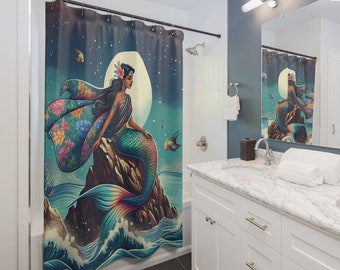 Beautiful Mermaid Resting and reflecting the wonders of the ocean under the moonlight, Shower Curtain