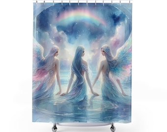 Angels Shower Curtains - Heavenly Bathroom Decor, Guardian Angel Home Accessories, Religious Bath Curtain, Spiritual Bathroom, Cherub Decor,