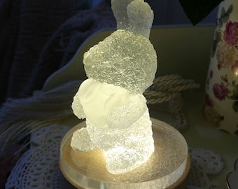 Rabbit lamp, night light for children's bedroom handmade in USB epoxy resin. Figurine, bedside lamp sculpture. Wedding gift, mother mom.