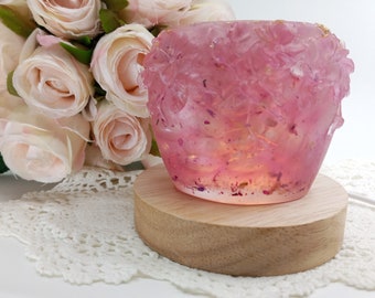 Shabby Chic pink epoxy resin lamp, hand-made night light. Children's bedside lamp, mother or baby gift. Romantic Victorian decor.