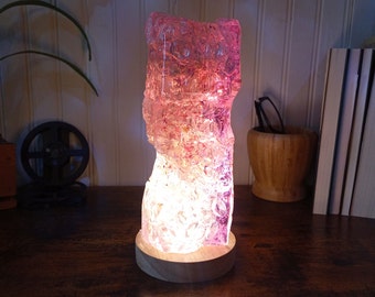 Exclusive handmade modern and vertical pink resin lamp. USB LED art object. Original gift. Contemporary high-end sculpture.