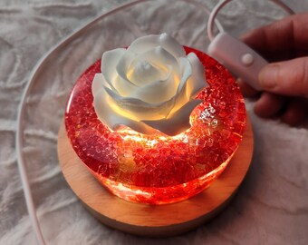 Lampe ambiance, petite lampe de table et veilleuse en résine faite main, cristaux de verre rouge, Lampe fleur, lampe de chevet romantique