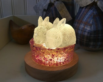 Pink rabbit lamp and night light for children's bedroom handmade in USB epoxy resin. Sculpture figurine and bedside lamp. Easter gift.