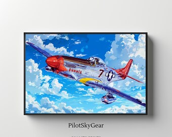 May include: A vintage, silver and red fighter plane flies through a blue sky with white clouds. The plane has the word "Bunnnie" and the number "7" on the side. The plane is flying towards the viewer. The image is a digital painting.