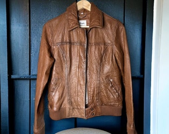 Vintage Wrangler Brown Leather Biker Jacket, Lambskin Size M