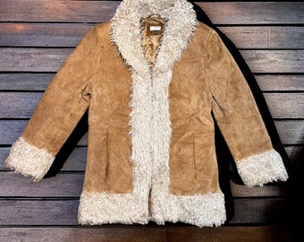 Brown Suede Coat, Faux Fur Trim, Vintage Leather Jacket (Size L)