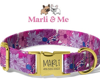 Personalized Dog Collars Girl, Purple Flowers Dog Collars, Custom Dog Collars with Name, Engraved Dog Collars, Personalized Collar and Leash