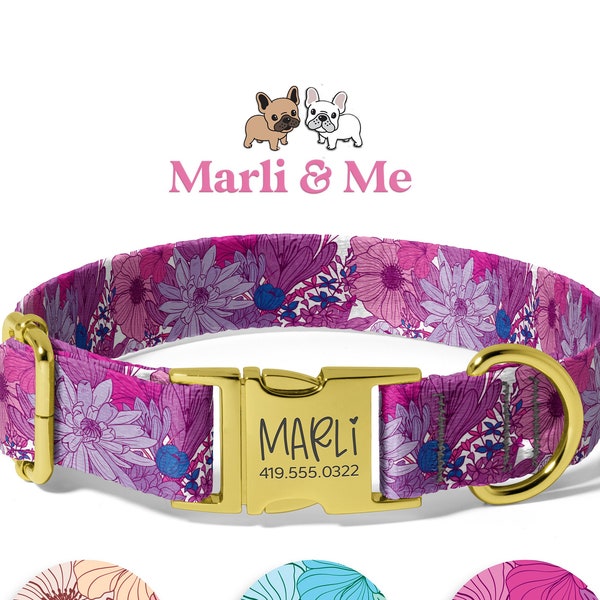 Personalized Dog Collars Girl, Purple Flowers Dog Collars, Custom Dog Collars with Name, Engraved Dog Collars, Personalized Collar and Leash