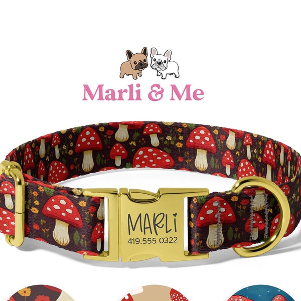 Mushroom Dog Collars, Personalized Dog Collars with Name and Number, Engraved Gold Buckle Dog Collars, Custom Dog Collars