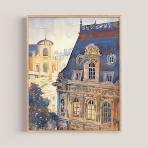 Peut inclure: Peinture à l'aquarelle d'une scène de ville européenne avec un grand bâtiment aux détails ornés et un bâtiment plus petit avec un clocher en arrière-plan. Les bâtiments sont peints dans des tons de bleu, jaune et marron.
