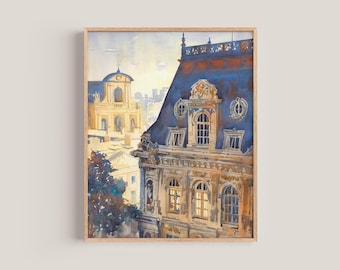 Acuarela de la azotea de París: Impresión artística del Hotel de Ville