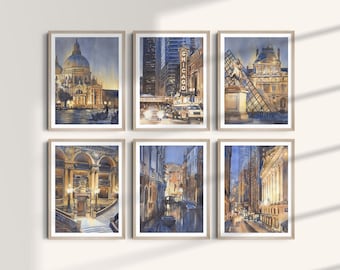 May include: Set of six watercolor paintings depicting various cityscapes at night. The paintings feature buildings, bridges, and waterways in a muted color palette of blues, grays, and yellows.
