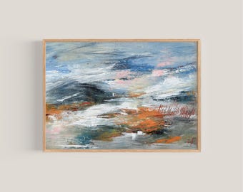 Könnte beinhalten: Abstraktes Gemälde mit einem Farbschema in Blau, Weiß und Orange. Das Gemälde zeigt eine Landschaft mit einem bewölkten Himmel und einem Gewässer.