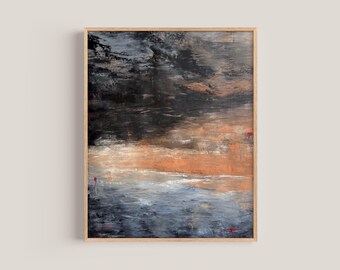 May include: Abstract painting in shades of brown, gray, and black with hints of red. The painting depicts a stormy sky over a body of water.