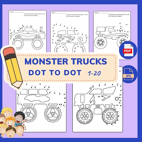 7 Monster Trucks Worksheet for Kids 4-8 Ages, Dot to Dot 1-20, Printable PDF and JPG