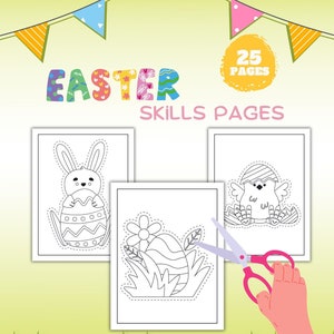 May include: A set of 25 printable Easter skills pages featuring a bunny, a chick, and an egg. The pages are designed for children to cut out and color.
