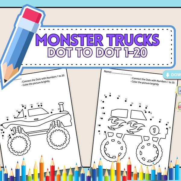 7 Monster Trucks Worksheet for Kids 4-8 Ages, Dot to Dot 1-20, Printable PDF and JPG