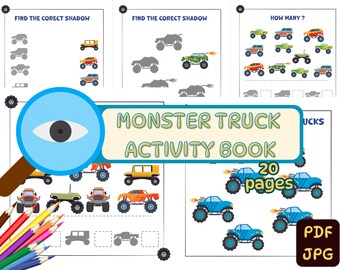 I Spy Monster Trucks-activiteitenboek voor kinderen 20 leuke werkbladen Afdrukbare pdf JPG