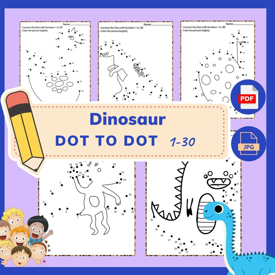 7 Dinosaur Worksheet for Kids, Dot to Dot 1-30, Printable PDF Amd JPG ...