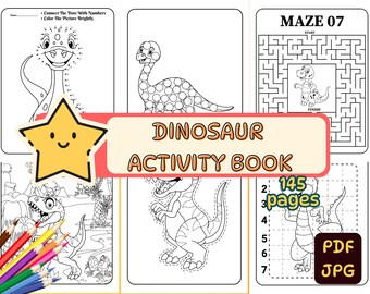 Książka z zadaniami dla dzieci o dinozaurach: kolorowanki, labirynty, łączenie kropek (145 stron) (plik PDF do druku)
