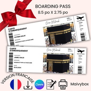 Francuska karta pokładowa Umrah, edytowalny bilet na samolot hadżdż do Umrah, prezent dla Umrah, Mekka, bilet na samolot Mekka, prezent