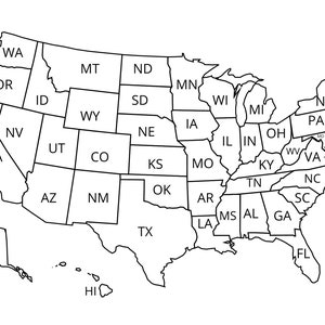 Carte des Etats-Unis imprimable  Carte imprimable des Etats-Unis | Art mural carte des Etats-Unis | Carte des Etats-Unis avec les états