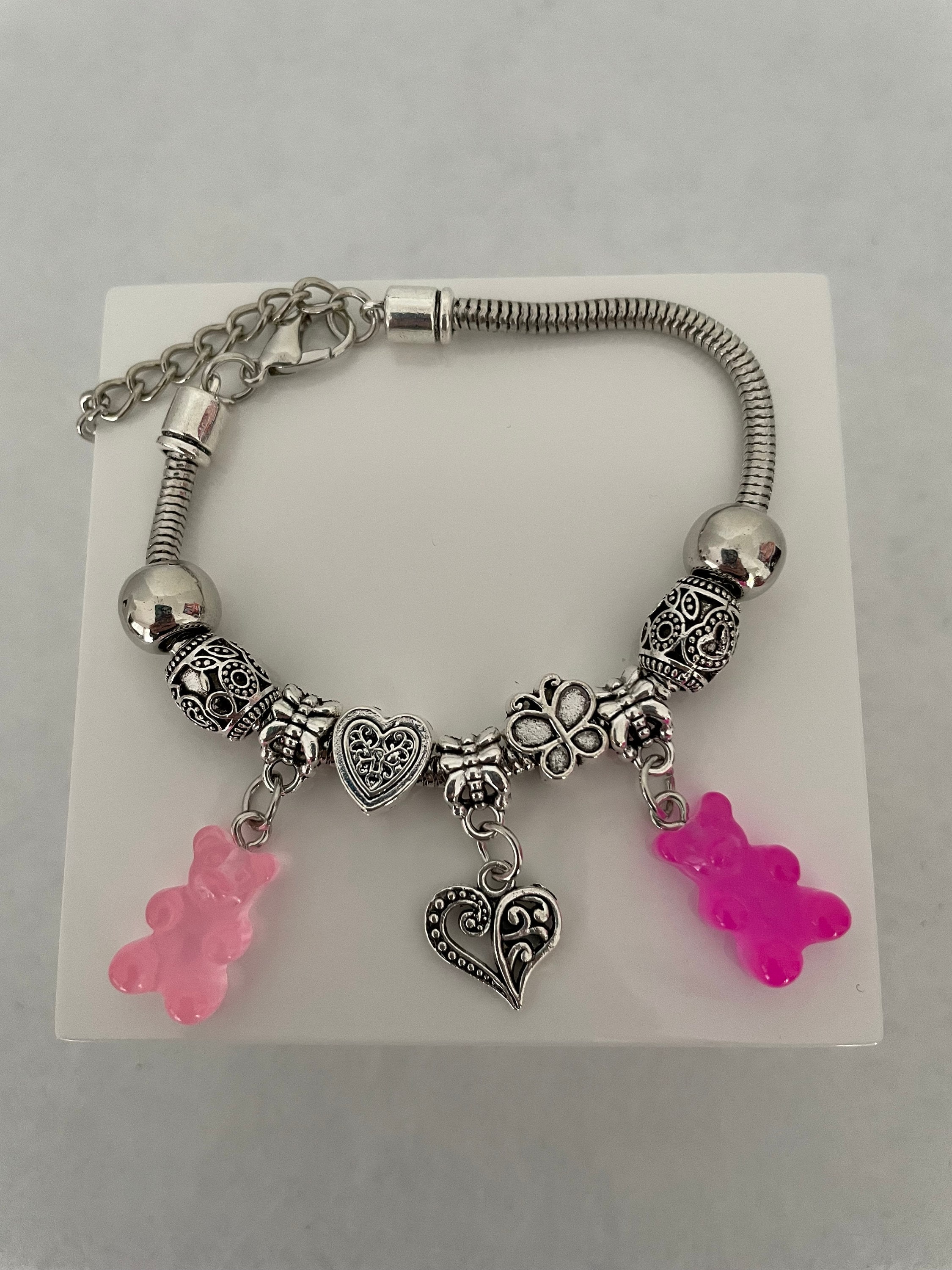 Pink Candy With Red Heart Charm Bead For Snake Chain Bracelets - Fits Pandora & More