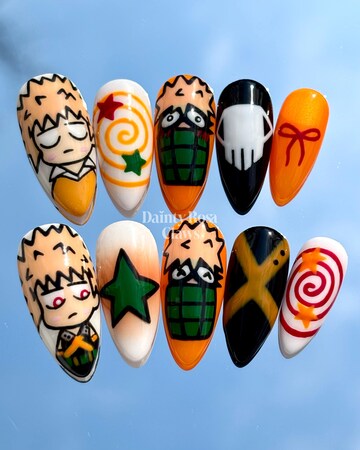 Bakugo | Bakugo nails | My Hero Academia nails | My Hero Academia | Anime nails | Almond nails | Orange nails | Star nails | 2D art nails