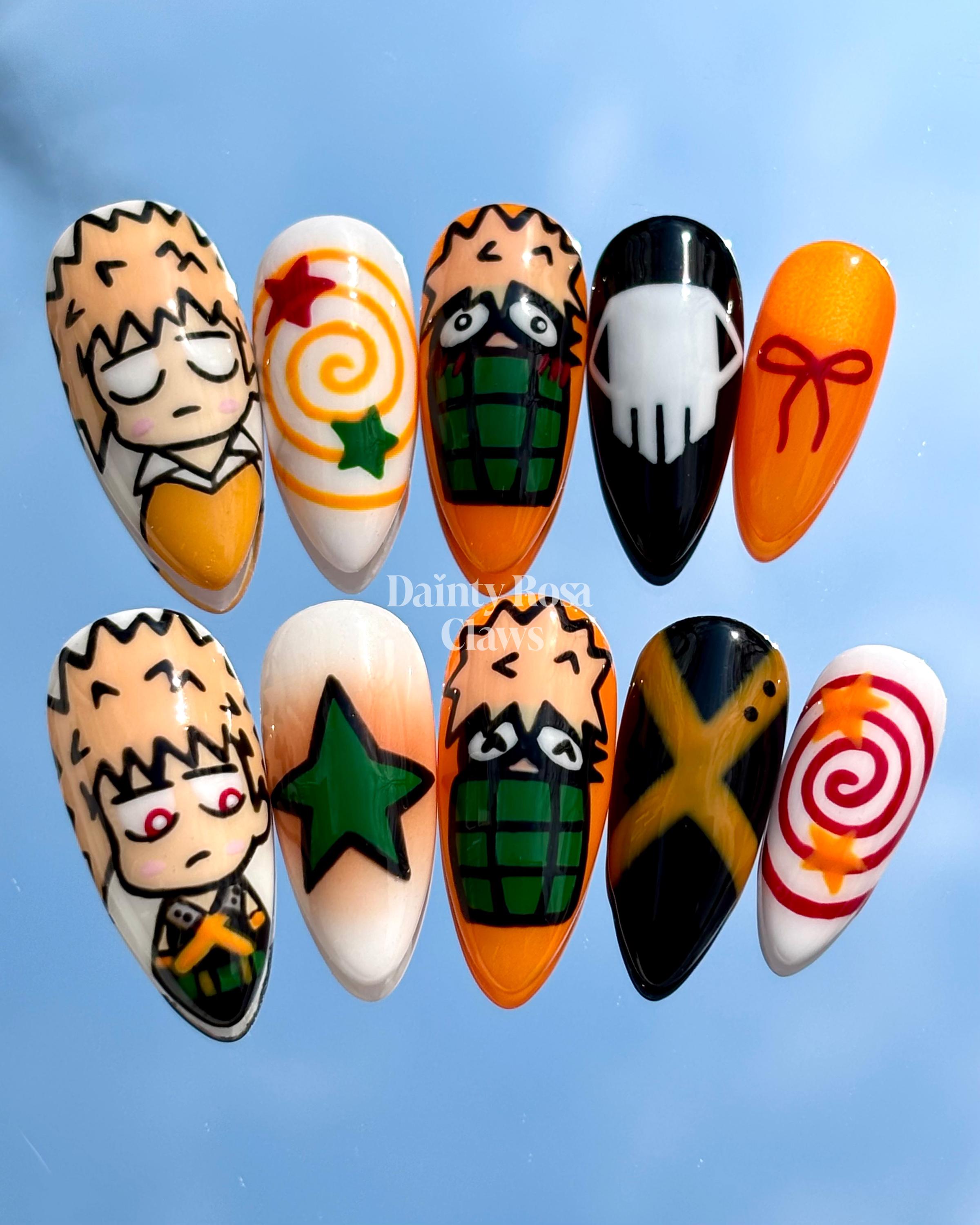 Bakugo | Bakugo nails | My Hero Academia nails | My Hero Academia | Anime nails | Almond nails | Orange nails | Star nails | 2D art nails