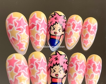 Yuji Itadori | Yuji Itadori nails | jjk nails | jujutsu kaisen | anime nails | anime | Star nails | ombré nails | Yuji nails
