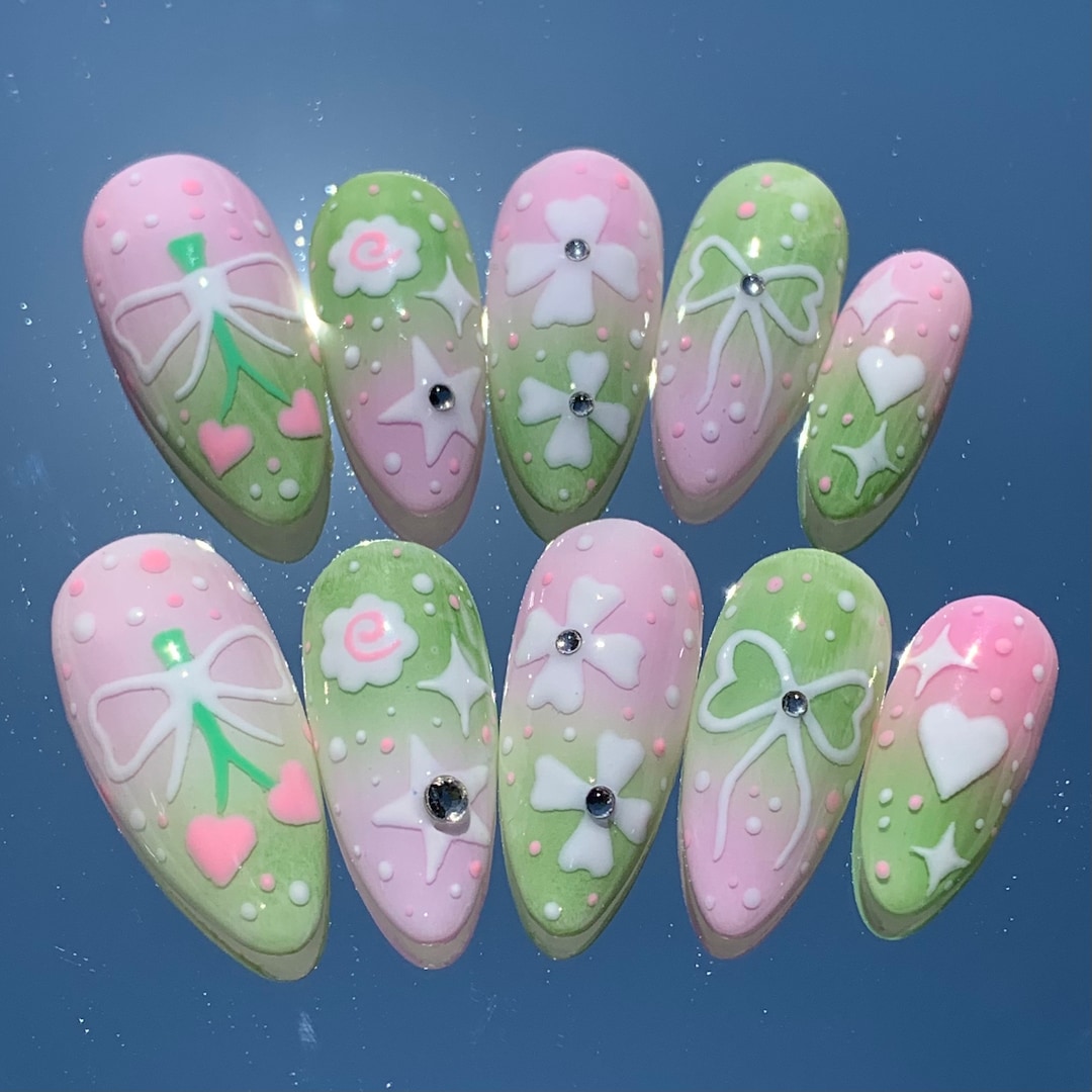 Cute O2k Bubblegum Kiwi | Pink and Green Nails | Ombre Nails | Y2K Nails ...