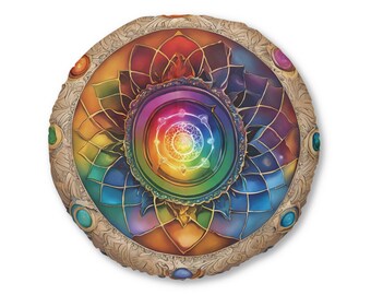 Kussen ronde vloer, meditatiekussen, yogakussen, decor regenboogchakra, getuft meditatiestoeltje
