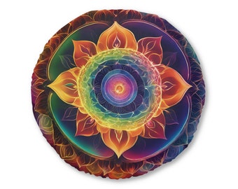 Kussen ronde vloer, meditatiekussen, yogakussen, decor regenboogchakra, getuft meditatiestoeltje