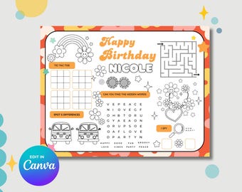 Happy Birthday Coloring Page Editable, Groovy Birthday Favors, Rainbow ...